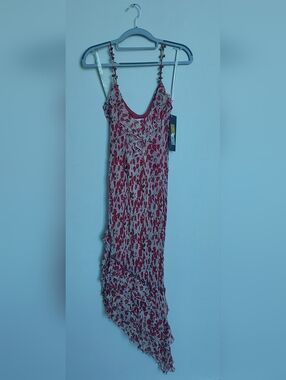 Sue Wong Red Rose Pattern Asymmetrical Silk Dress